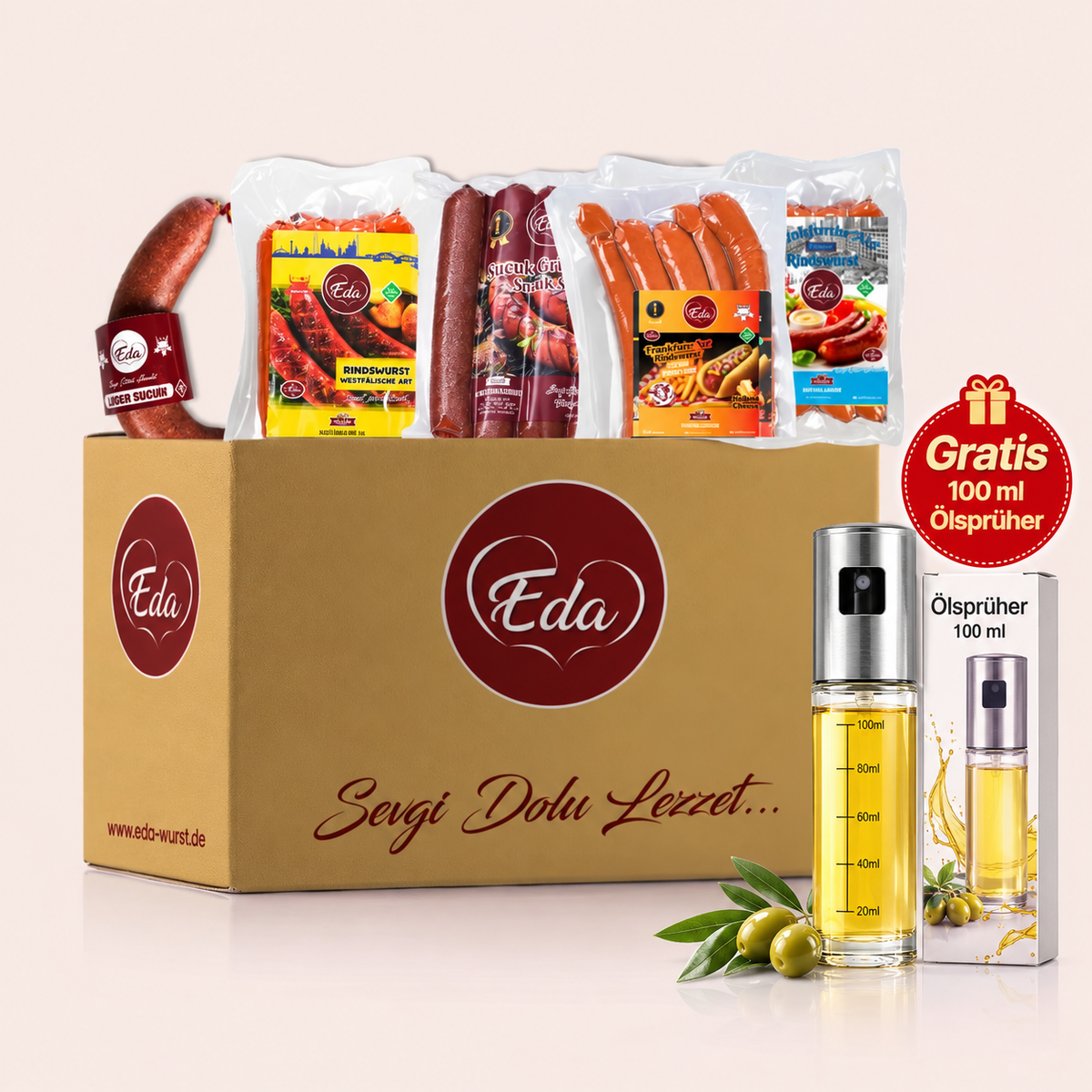 12er-Pack Halal-Rindswürste + GRATIS Ölsprüher